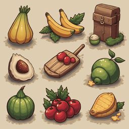 Nine fruits and vegetables, including a squash, bananas, avocado, tomato, pear, cucumber, squash, and pineapple, arranged in three rows.