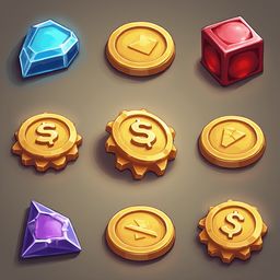Nine gold coins with dollar signs, a blue gemstone, and a red cube are arranged in a 3x3 grid on a brown background.