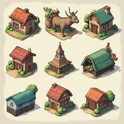 Nine houses with unique designs and colors are arranged in a 3x3 grid, including a cow statue.