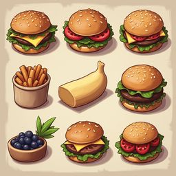 Nine illustrated burgers, fries, blueberries, and bananas are arranged in a 3x3 grid on a light beige background.