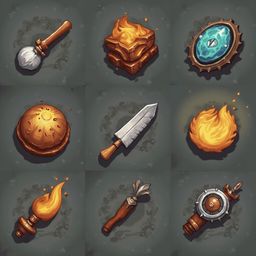 Nine illustrated fantasy items, including a brush, firecrackers, knife, shield, torch, staff, crystal, orb, and key, are arranged in a 3x3 grid.