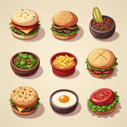 Nine illustrated fast food items: burgers, chips, soup, salad, fries, egg, tomato, and lettuce.