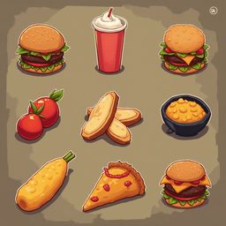 Nine illustrated fast food items include burgers, soda, tomatoes, bread, macaroni and cheese, corn on the cob, pizza, and hamburgers.