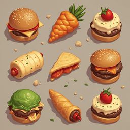 Nine illustrated fast food items, including a hamburger, carrot, hot dog, pizza, burger, corn dog, hot dog bun, carrot, and a strawberry, arranged in a 3x3 grid.