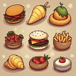 Nine illustrated food items, including a hamburger, corn dog, onion ring, tomato tart, cheeseburger, fries, croissant, strawberries, and mayonnaise.