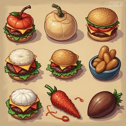 Nine illustrated food items, including a pumpkin, burgers, potato salad, corn on the cob, strawberry, carrot, and chocolate-covered fruit, are arranged in a 3x3 grid.