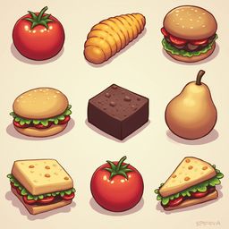 Nine illustrated food items, including a tomato, corn dog, hamburger, chocolate cake, pear, sandwich, and tomato, are arranged in a 3x3 grid.