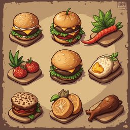 Nine illustrated food items, including burgers, fruit, vegetables, and meat, are arranged in a 3x3 grid on a beige background.