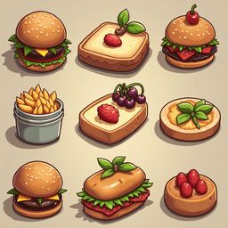 Nine illustrated food items, including burgers, fruit, cheesecake, fries, pastries, and desserts, are arranged in a 3x3 grid.