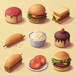 Nine illustrated food items, including desserts, burgers, and vegetables, are arranged in a 3x3 grid on a light yellow background.