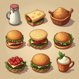 Nine illustrated food items, including milk, sandwich, bread, cake, burger, tomato, cream, and cup, are arranged in a 3x3 grid.