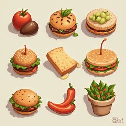 Nine illustrated food items, including tomatoes, burgers, bread, sausages, grapes, hot dogs, peppers, and a potted plant, are arranged in a 3x3 grid.
