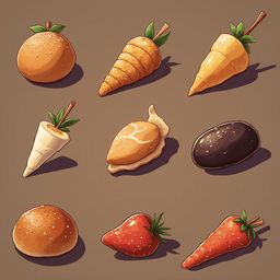 Nine illustrated fruits and vegetables in vibrant colors, arranged in a 3x3 grid against a brown background.