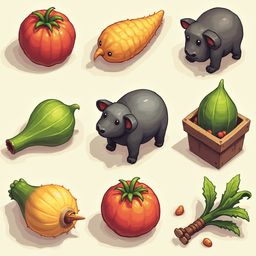Nine illustrated fruits and vegetables, including a tomato, corn, piggy bank, cucumber, squash, tomato, pepper, and leafy greens.