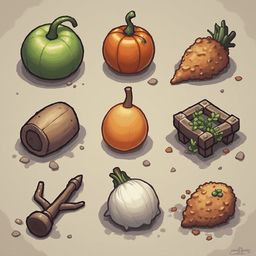 Nine illustrated fruits and vegetables, including a green pumpkin, orange pumpkin, carrot, squash, wooden barrel, pumpkin, onion, carrot, and corn cob.