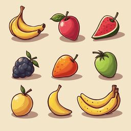 Nine illustrated fruits, including bananas, apple, watermelon, grapes, strawberry, mango, peach, and pears, are arranged in a 3x3 grid.