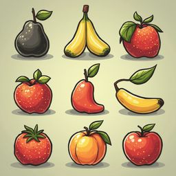 Nine illustrated fruits, including pears, bananas, apples, strawberries, an orange, and an apple, are arranged in a 3x3 grid.