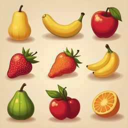 Nine illustrated fruits: pear, banana, apple, strawberry, peach, pear, orange, and apple.