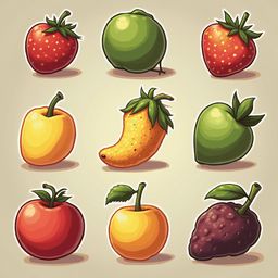 Nine illustrated fruits: strawberry, apple, lime, banana, pear, tomato, orange, plum, and passion fruit.