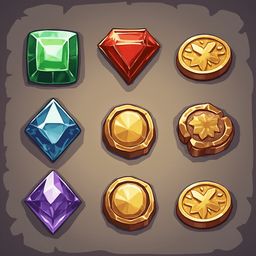 Nine illustrated jewels and coins in gold, blue, red, and purple hues are arranged in a 3x3 grid on a dark brown background.