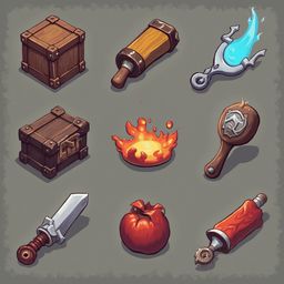 Nine illustrated objects include a wooden box, wooden barrel, flaming lantern, silver staff, red apple, sword, red rag, silver horn, and red bottle.