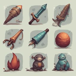 Nine illustrated objects include a wooden staff, sword, beetle, orb, staff with beads, claw, bear, and fire.