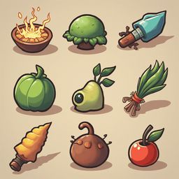 Nine illustrated objects, including a fireball, mushroom, knife, pumpkin, creature, spear, bundle, creature, and apple, are arranged in a 3x3 grid.