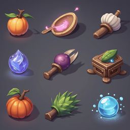 Nine illustrated objects, including a pumpkin, crystal, wooden bowl, potion, treasure chest, wand, herb, orb, and orb, rest on a dark gray background.