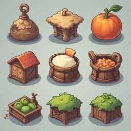 Nine illustrated objects, including a wooden jug, stool, pumpkin, pot, basket, fruit crate, and house, are arranged in a 3x3 grid.
