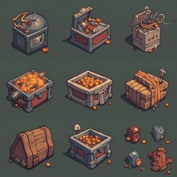Nine illustrated treasure chests, boxes, and crates contain gold, jewels, and mythical creatures, set against a green backdrop.