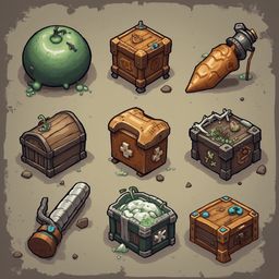 Nine illustrated treasures, including a green orb, wooden chest, crystal orb, orange chest, green and silver chest, wooden chest with plants, blue and silver pipe, and wooden chest with blue and green plants.