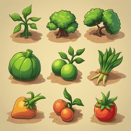 Nine illustrated vegetables and plants, including a pumpkin, tree, broccoli, garlic, onion, cucumber, tomato, and carrot, are arranged in a 3x3 grid.