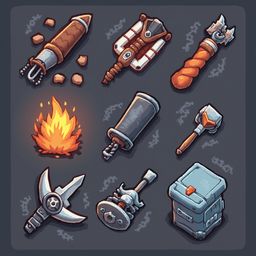 Nine illustrated weapons and artifacts, including a rocket, spaceship, sword, shield, key, chest, axe, and staff, are arranged in a 3x3 grid.