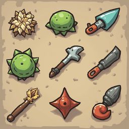 Nine illustrated weapons, including a crystal ball, green shell, sword, axe, star-shaped dagger, curved knife, red hook, and a pointed staff, are arranged on a beige background.