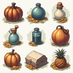Nine illustrations showcase a pumpkin, bottles, coins, a pineapple, a chest, and scattered coins.