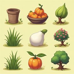 Nine illustrations showcase various plants and a bowl of fruit, including potted flowers, orange trees, eggplant, grass, pumpkin, and acorn.