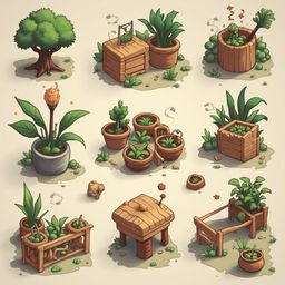 Nine illustrations showcase various plants in pots and wooden structures, arranged in a grid-like pattern.