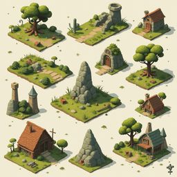 Nine isometric houses and structures, rendered in earth tones, feature unique architectural elements and set in a lush, forested environment.