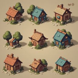 Nine isometric houses in various colors and styles are arranged in a 3x3 grid, each with unique features and details.