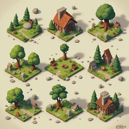 Nine isometric houses with unique features and surroundings are arranged in a 3x3 grid on a light beige background.