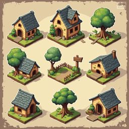 Nine isometric houses with wooden roofs and walls, complete with trees, are arranged in a 3x3 grid on a beige textured background.