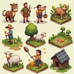 Nine isometric illustrations depict farm activities: a cow, farmer, bucket, pig, sheep, shovel, pumpkin, house, and bird.