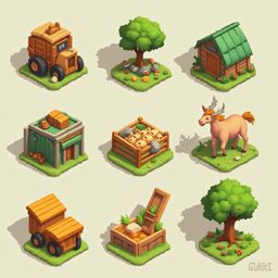 Nine isometric illustrations depict farm and garden elements, including a tractor, shed, tree, horse, crate, and wagon.