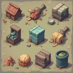 Nine isometric illustrations depict various objects and structures in a forest-like setting, including wooden buildings, stone towers, a wooden chest, a stone tower, a wooden barrel, a stone birdhouse, a stone mushroom, and a stone fish.