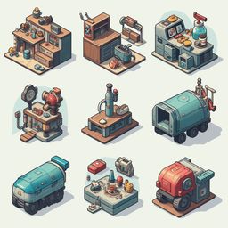 Nine isometric illustrations depict various objects and structures, including shelves, barrels, trucks, and counters, arranged in a three-by-three grid.