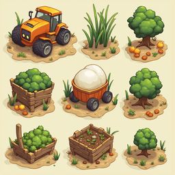Nine isometric illustrations depict various elements of a farm scene, including an orange tractor, grass, trees, bushes, eggs in a cart, a greenhouse, and a basket of fruit.