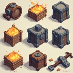 Nine isometric illustrations depict various wooden and metal containers with flames, showcasing diverse designs and textures.