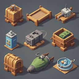 Nine isometric illustrations depict various objects on wooden platforms, including a red fire extinguisher, wooden crate, green and gray crate, blue and gray crate with green box, gray and silver chest, green and gray spaceship, blue and silver blue and green container, and brown wooden chest.
