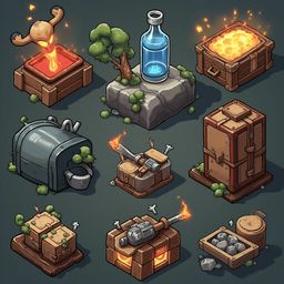 Nine isometric illustrations depict various objects and structures, including fire, water, treasure chests, a cannon, a tree, and a bird.