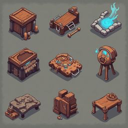 Nine isometric illustrations depict various wooden objects, including chests, tables, cabinets, a fire pit, and a chest of drawers, each with unique features and colors.